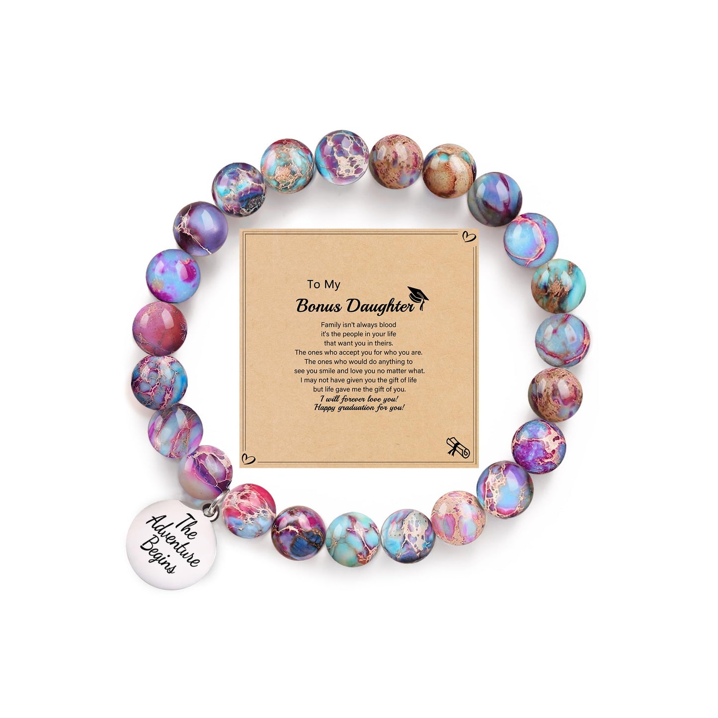 Sistble High School Graduation Gifts for Bonus Daughter College Graduation Bracelets 2026 The Adventure Begins Engraved Jasper Bead Bracelet Gifts for Bonus Daughter Inspirational Jewelry