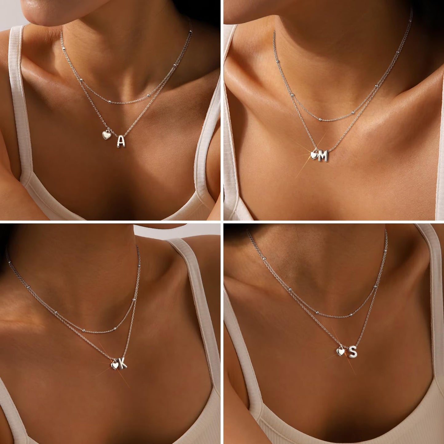 adoyi Silver Heart Initial Necklaces for Women 14k Gold Plated Layered bubble Letter Necklace Dainty Heart I Pendant Necklace Stack Birthday Valentines Gifts for Women Jewelry