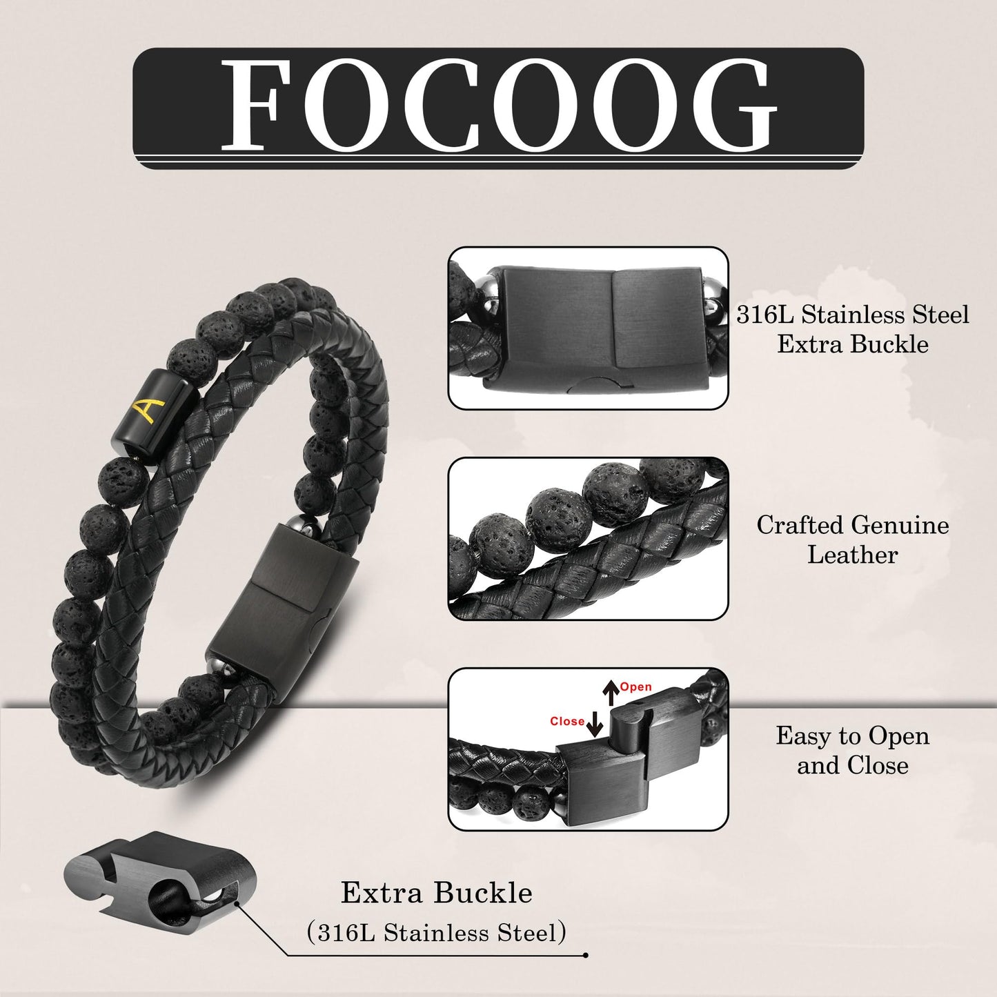 FOCOOG Gifts for Men Bracelet - Mens Gift Black Leather Bracelets for Men with Initial Lava Rock Bead Magnetic Clasp Leather Men's Initial J Bracelet for Men's Jewelry Mens Gifts for Dad Husband