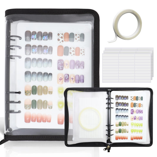 KEIFIN Press On Nail Storage Organizer Binder with 8 Insert Pages - A5 Size Reusable Fake Nail Swatch Collecting Book Polish Color Display Holder Container with Tape and Zipper Pocket (BLACK)