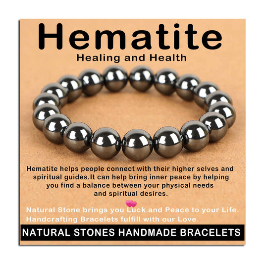 AD Beads Handmade Gemstone Stretch Elastic Bracelet Crystal Healing Reiki Nature's Beauty and Spiritual Essence Unisex (10mm, Hematite (Healing and Health))