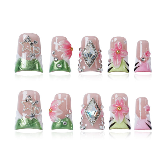 Tesytto Duck Thick Press on Nails Handmade 3D Fake Nails for Nail Art (Emerald Gold Lattice Bloom, S)