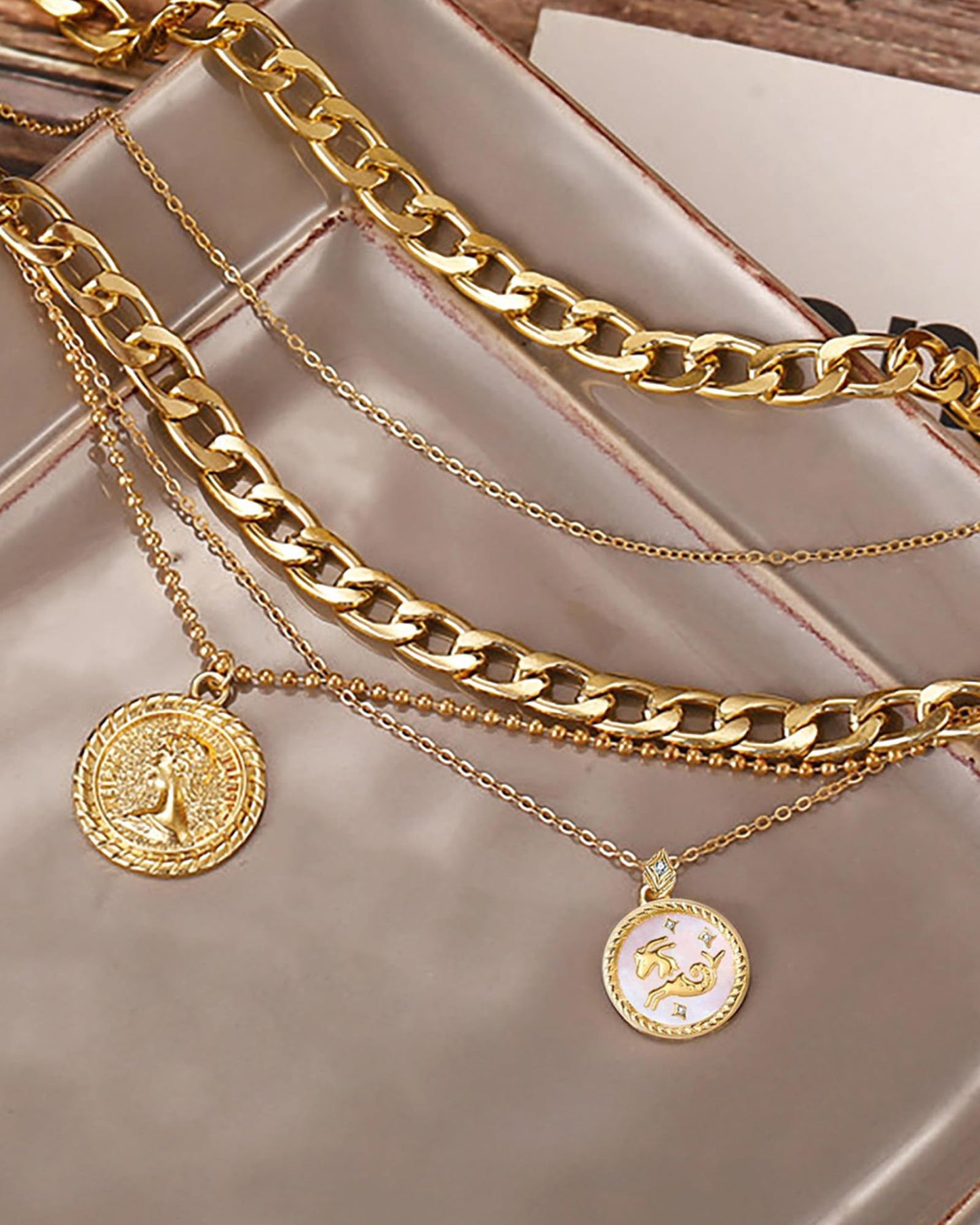 MJartoria Gold Layered Necklaces for Women Trendy Retro Coin Pendant Necklace Dainty Chunky Chain Choker Necklaces for Jewelry Birthday Gifts (Gold, Zodiac-Capricornus-3PCS Layered)