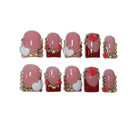 TENPAL Short Squoval Press on Nails - Red French Tip with Rhinestone Edge & Floral | Nude Pink Glossy Fake Nails | Clean Girl Manicure Set(M)