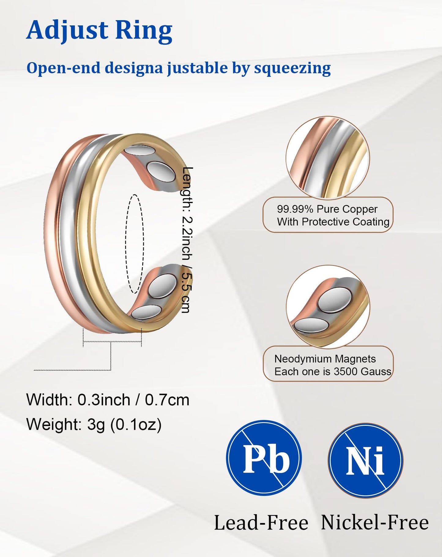MagSølv Copper Rings for Women, 99% Pure Copper Adjustable Magnetic Ring with 4 Magnets, Tricolor Gold Jewelry
