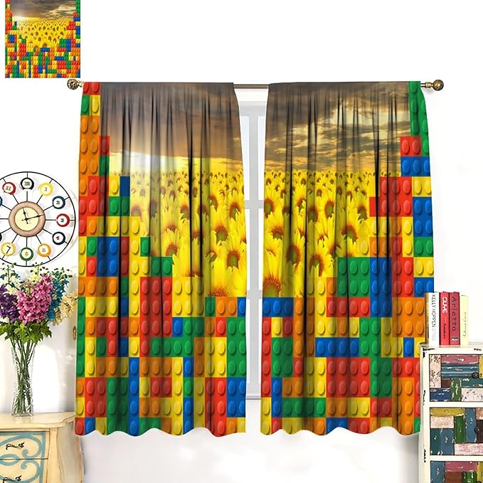 Colorful Building Blocks Sunflower Flower 3D Toy Printed Curtains, Building Blocks, Floral Sunflower Curtains, Interesting Brick 3D Design, Boys and Girls Room Curtain Panels, 2 Panels 63x63in