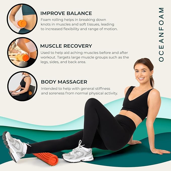 Oceanfoam Ripple Travel Foam Roller (11" x 3.35") Firm Mini Foam Roller for Physical Therapy, Deep Tissue Massage, Back Pain - High Density, Ergonomic Wave Textured - Yoga, Pilates, Exercise (Orange)