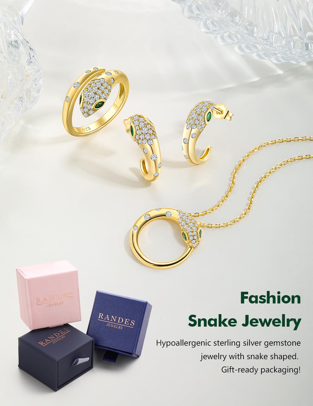 RANDES Fashion Snake Statement Ring Gold Plated Cocktail Rings for Women Sterling Silver Punk Jewelry Created Emerald Diamond Snake Rings Size 9