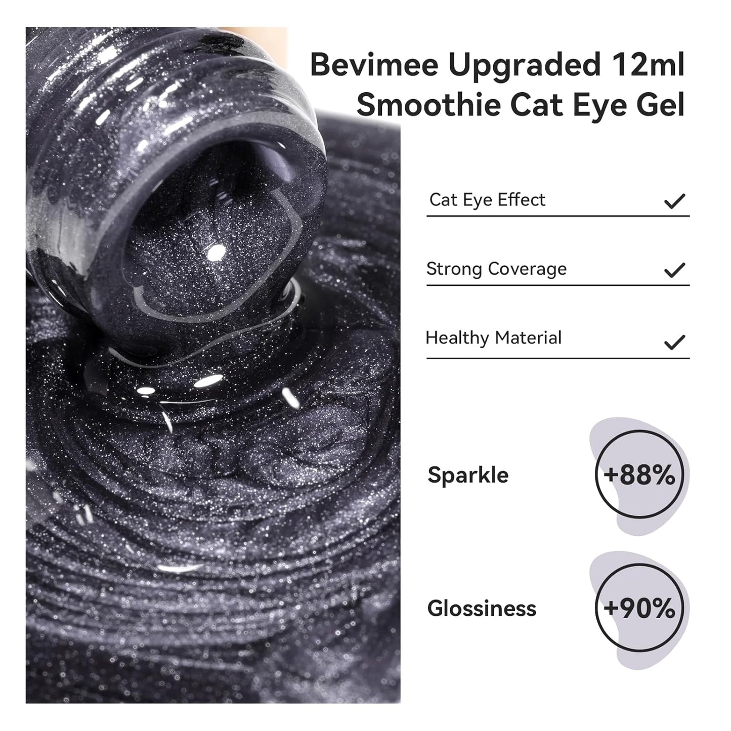 Cat Eye Gel Polish - Black, Glitter Magnetic Nail Polish Moonlight, Cateye Polish With Magnet Stick Holographic Shimmer Cateye Effect, UV Velvet Gel Nail Art Manicure Salon DIY Home, 12ML