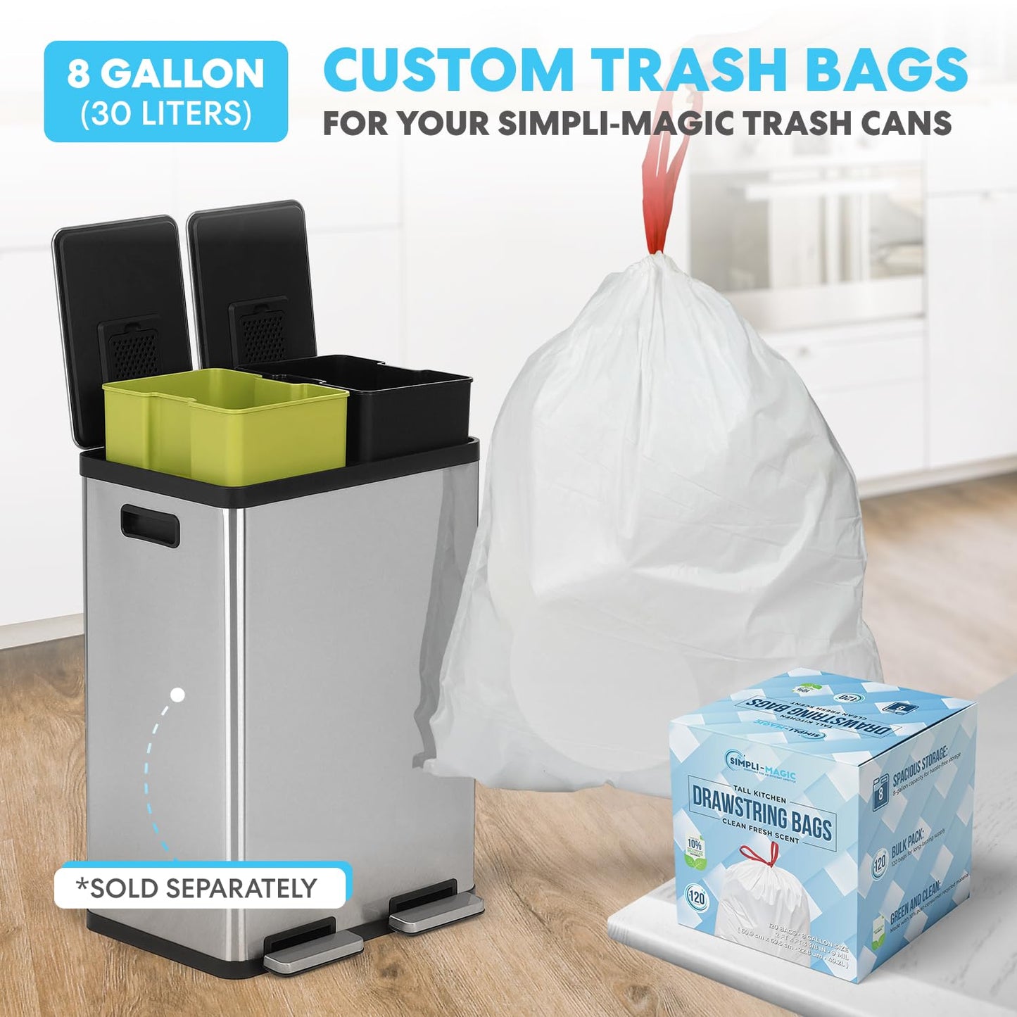 Simpli-Magic 18.5 Gallon (40L x 30L) Dual Compartment Step Trash Can – Kitchen Garbage Can with Waste & Recycling Bins – Slow-Close Lid, Odor Control, Hands-Free, Stainless Steel