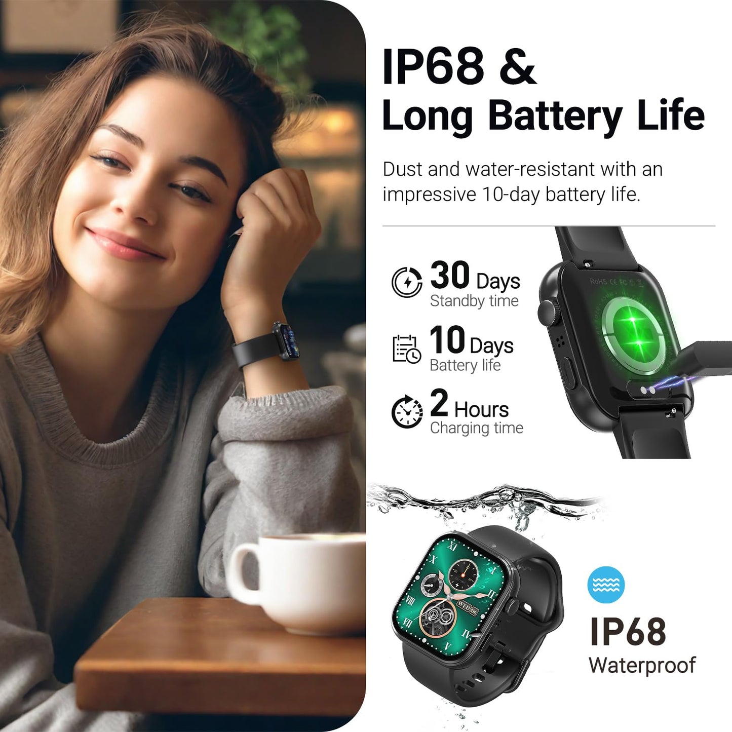 TOZO AMOLED S6 Smart Watch 1.85" Ultra-Clear Screen Dynamic Faces Bluetooth Call,100+ Sports Modes Fitness Activity Tracker with Sleep Monitor IP68 Waterproof Black