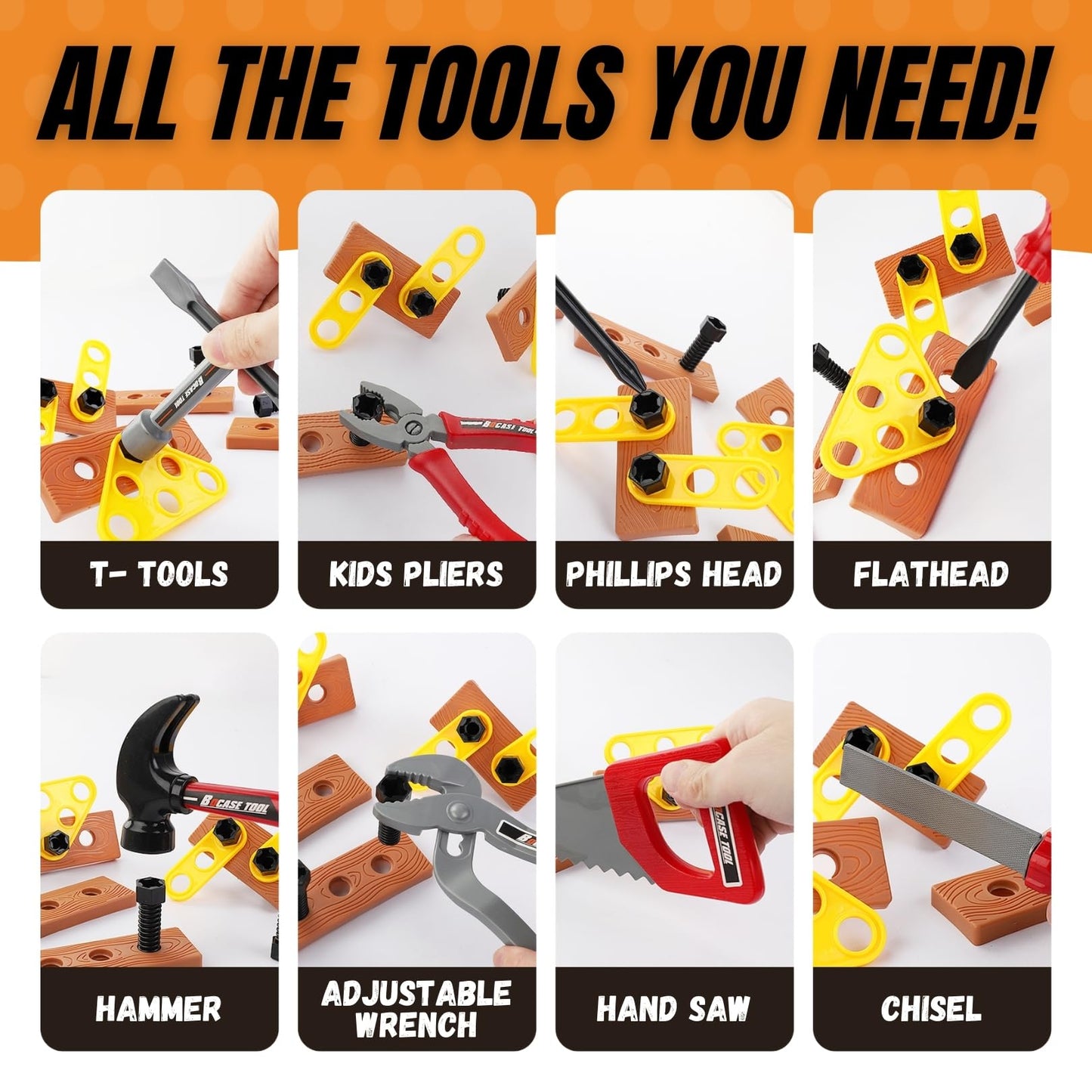 Kids Handyman Tools Toy Set, 52 PCS Mechanic Pretend Play Construction Playset with Hard Hat, Nuts, Bolts - Realistic Plastic Toddler Children Accessories for Workbench