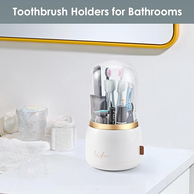 EXIN DECHEN Toothbrush Holders with Cover for Bathrooms, 360° Rotating 7-Slot Draining Water for Placing Kids Electric Toothbrushes,Toothpaste,Razors,Bathroom Counter Dresser Vanity Organizer(White)