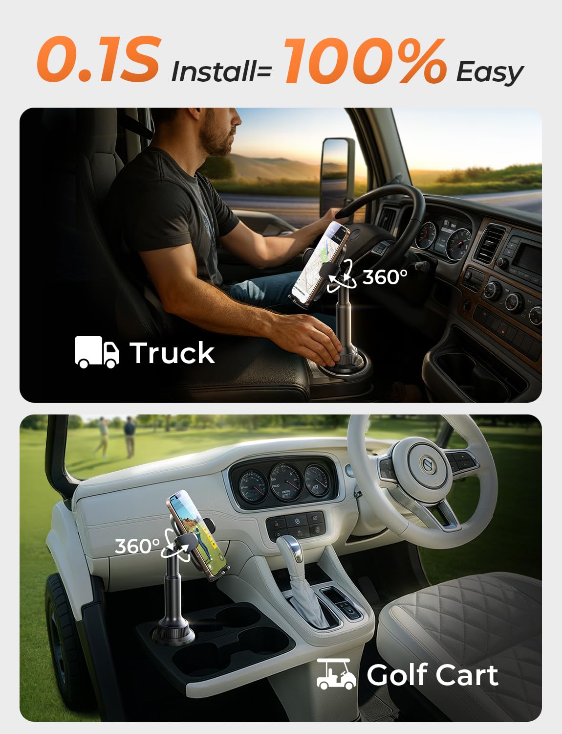 LISEN Cup Phone Holder No Shaking Phone Holder for Car, 360° Adjustable iPhone Holder for Car Accessories for Women Truck Jeep Golf for iPhone 16e 16 15 14 13 Pro Max Samsung S25 All 4-17'' Phone