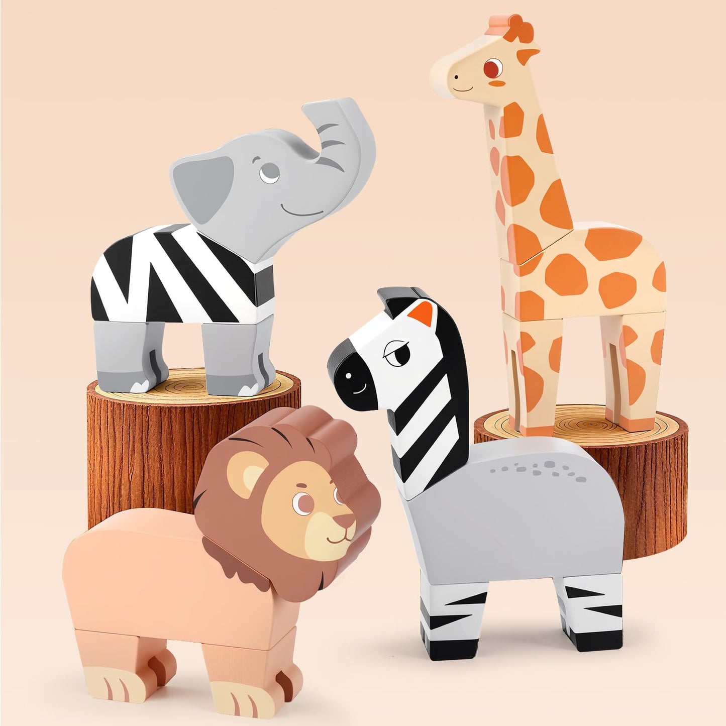 Joyreal Magnetic Jungle Animals Toy Play Set, 16 Pcs Wooden Building Blocks Play Set Toy for 1 Year Old, Fine Motor Montessori Game Preschool Educational Gift for Ages 1-5