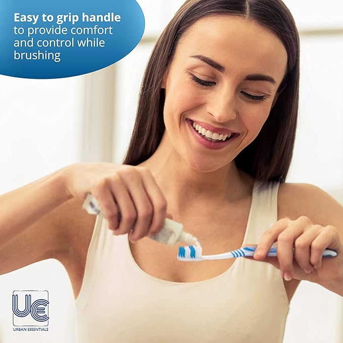 Urban Essentials Bulk Toothbrush Package with Covers | Premium Quality Individually Wrapped Colorful Tooth Brushes | Medium Soft Toothbrush Hygienic Cap for Donations, Travel, Hotels (25 Pack)