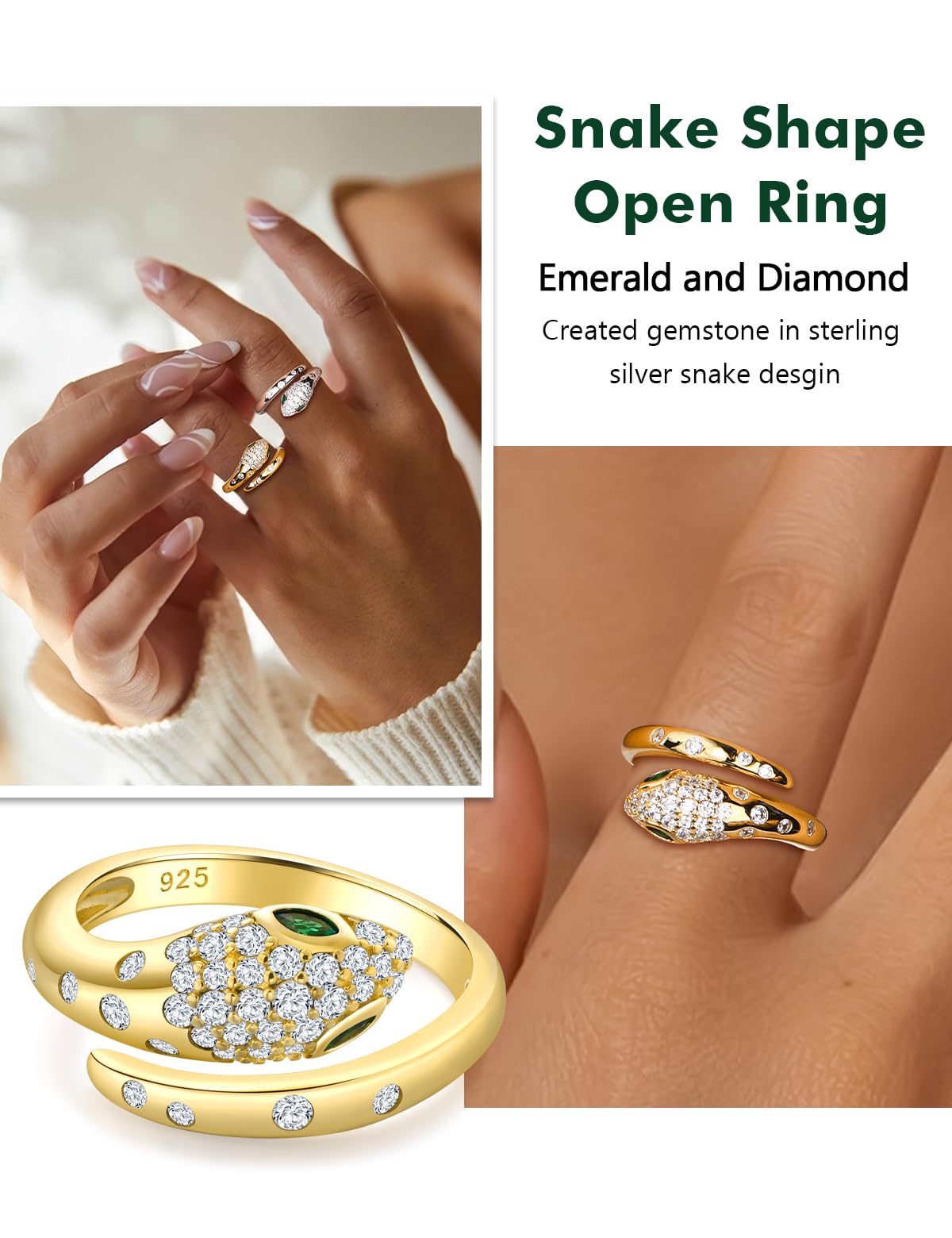 RANDES 14K Gold Plated Snake Ring 925 Sterling Silver Created Emerald Diamond Statement Cocktail Rings for Women Open Gothic Ring Size 7
