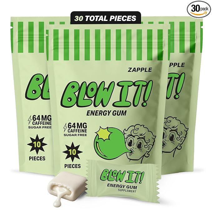 Blow It - Caffeinated Xylitol Gum - Intensified Energy and Focus Boost Effect - Green Coffee Bean Infused Sugar Free Gum - Zapple Flavor - 3-Pack (30 Pieces)