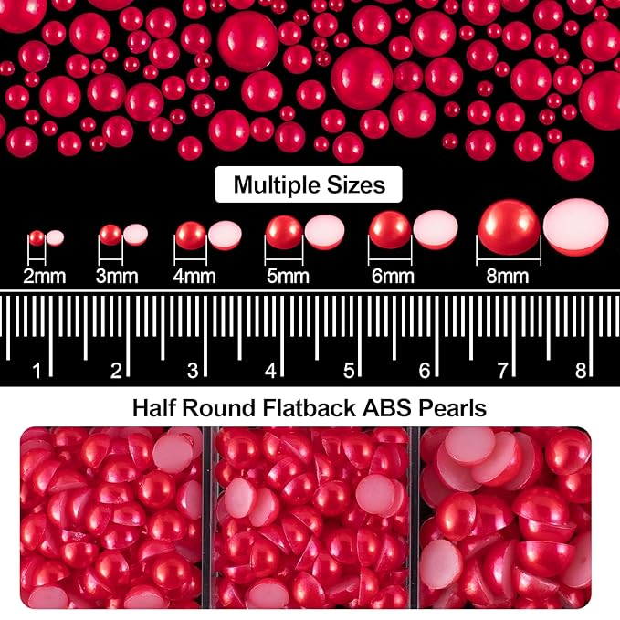 4000PCS Flatback Rhinestones and Half Round Pearls Kit #43, Multi Size Glass AB Crystals, Plastic Flat Back Red Dome Bead with Pickup Pencil and Tweezer for Nail Art
