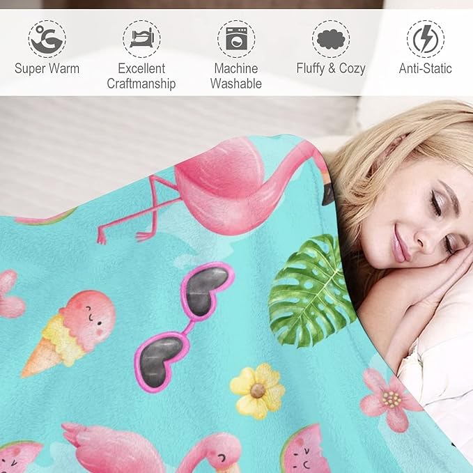 Custom Flamingo Blankets Gifts with Name - 50 x 60 Inches Cute Throw for Teens - Green Fluffy Warm Cozy Flamingo Blankets for Couch