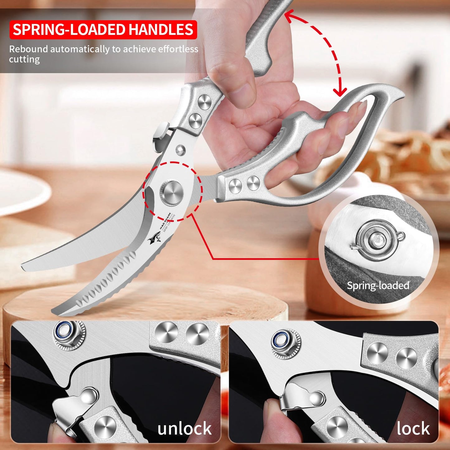 MAD SHARK Heavy Duty Poultry Shears, Kitchen Shears with Non-Slip Handle & Safety Lock, All Purpose Kitchen Scissors for Chicken, Meat Cutting, Turkey, Fish, Vegetables, Spring Loaded, Dishwasher Safe