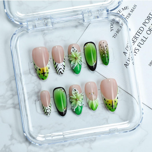 10 Pcs Handmade Press on Nails Medium Thick Fake Nails Green Almond False Nails with 3D Flower Design Luxury Hand-Painted Nails Unique Acrylic Nails Press ons Reusable Glue-Free Nails for Women (S)