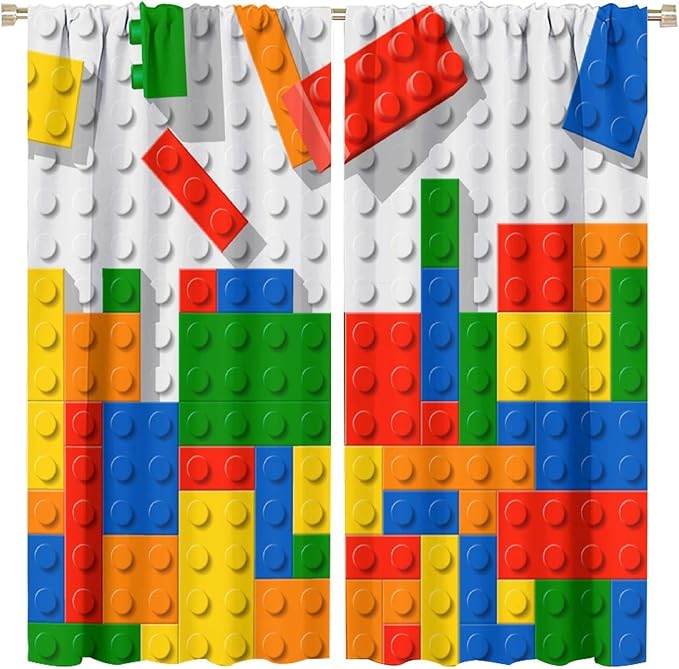 Building Blocks Toy Curtain Rod Pocket Children's Nursery Abstract Outline Colorful Plastic Toy Brick Geometric Print Pattern Curtain Boys Girls Bedroom Playroom 2 Panels 52x84in