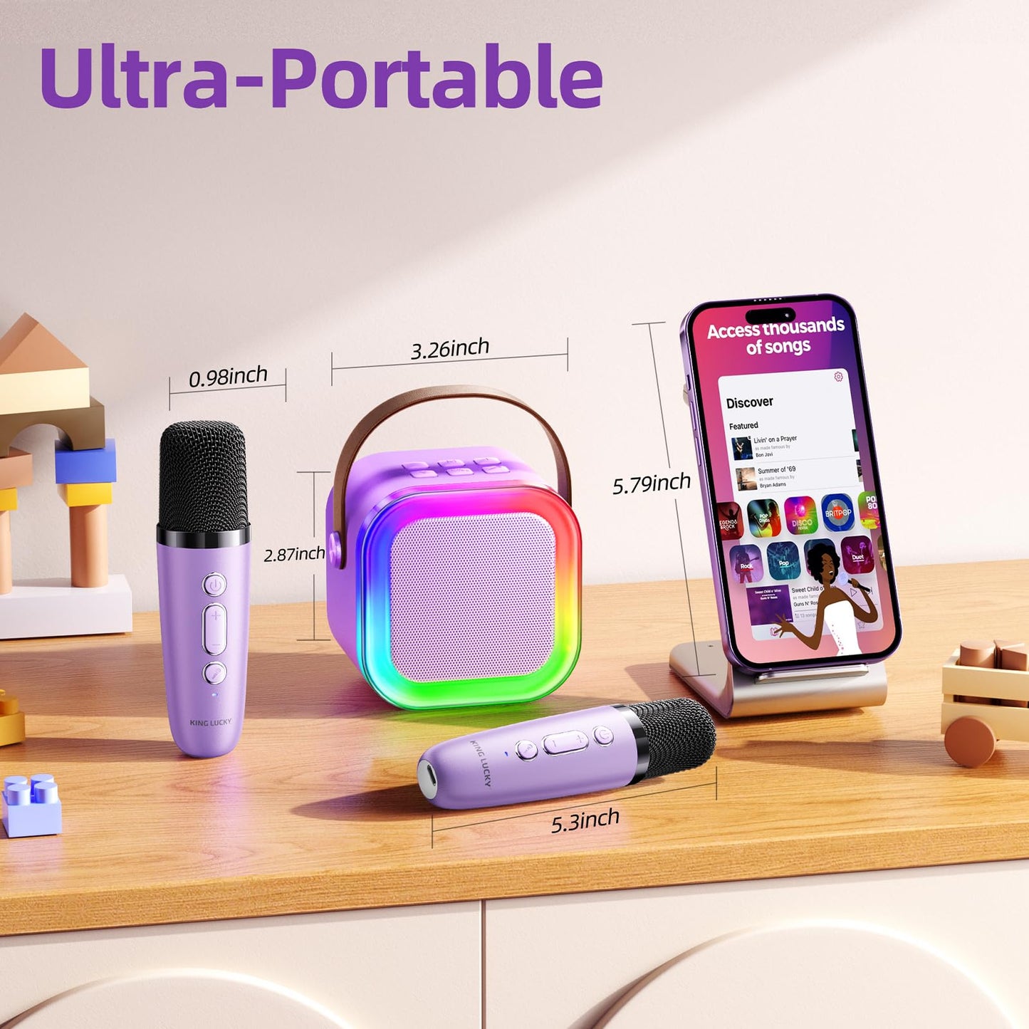 Kinglucky Mini Karaoke Machine for Kids, 2025 TOP Birthday Gifts Ideas for 3-12 Year Old Girls, Christmas Party Gifts Kids' Personal Video Players Accessories with 2 Wireless Microphones - Purple