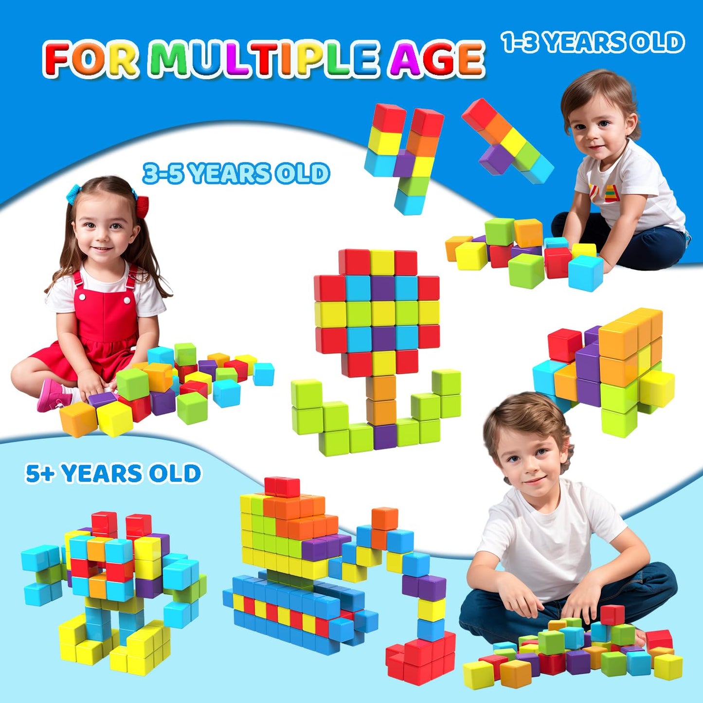 Magnetic Building Blocks, 1.65 inch Large Magnetic Stacking Cubes for Toddlers, Sensory & Montessori Toys for Boys & Girls 1 2 3 Years Old (24 PCS)