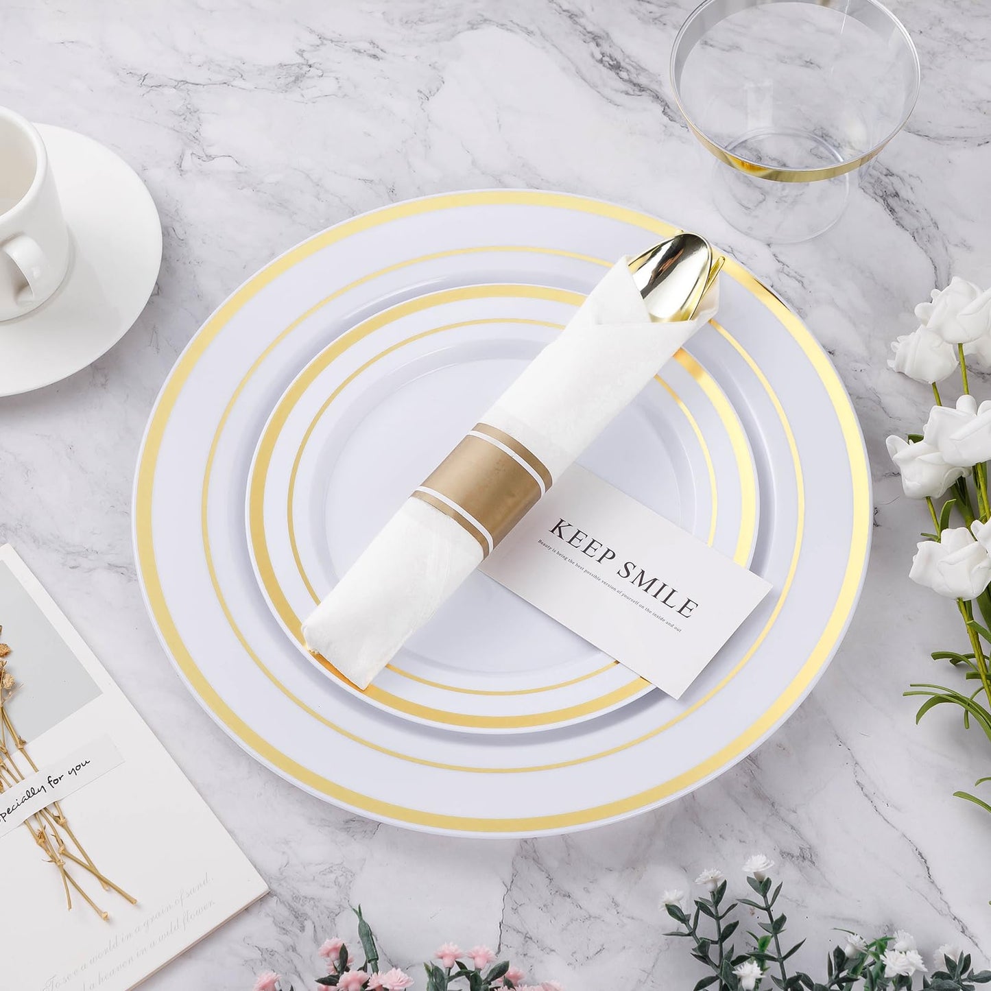 BESTVIP 350PCS Gold Plastic Dinnerware Set, Disposable Party Plates for 50 Guests, Include: 100 Plastic Plates, 50 Pre Rolled Napkins with Gold Silverware, 50 Cups