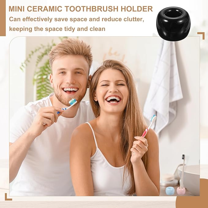 uxcell 2 Pcs Mini Ceramics Toothbrush Holder Stands, Sleek Mini Countertop Toothbrush Round Shape Ceramic Holder Stand for Bathroom Vanity Countertops, Black