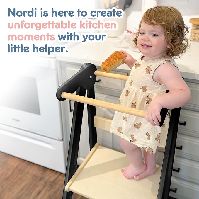 HARPPA Nordi Foldable Toddler Kitchen Tower, Montessori Kitchen Stools Helper, Standing Tower with 3 Adjustable Heights, Suitable Age for 2-6 Years, Black