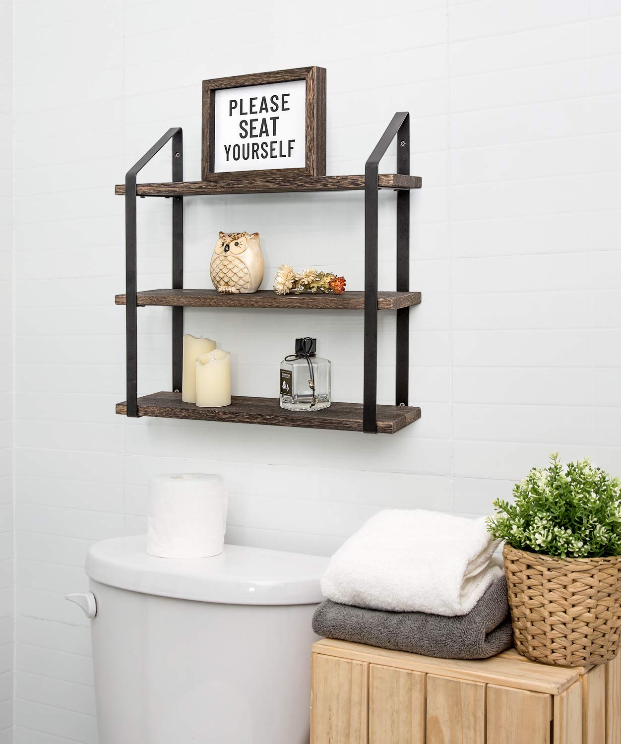 Mkono Floating Wall Shelves 3 Tier 17 Inch Rustic Hanging Shelf with Metal Bracket Wall Mount Wood Storage Display Shelves for Living Room Bathroom Bedroom Kitchen Office,Medium
