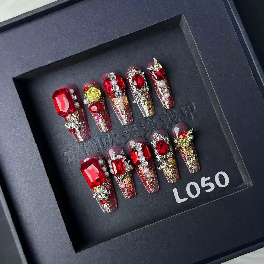 100% Handmade Press on Nails Long Coffin Red Acrylic Handmade Nails Press Ons Diamond Fake Nails Rhinestones Glue on Nail Reusable Gorgeous False Nail for Women Girls Manicure Size L