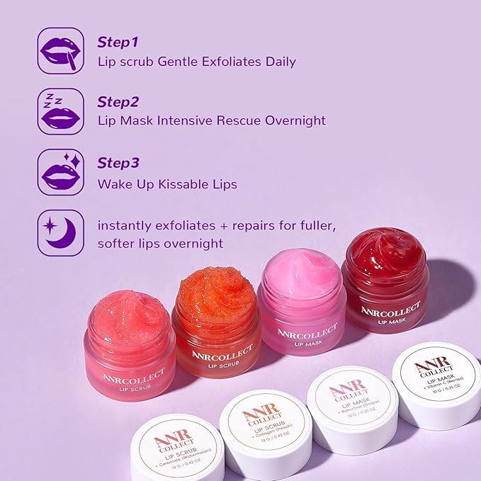 Lip Scrub & Lip Mask - Overnight Treatment Lip Care Kits with 2 Lip Exfoliator & 2 Sleeping Lip Balm, Intense Hydration Lip Set for Dry Chapped Cracked Lips, Exfoliate & Moisturize (4 Pack)