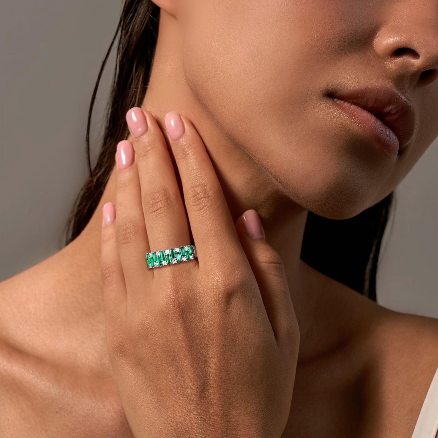 RANDES Emerald Baguette Band Rings for Women 7mm Wide Band Emerald Ring 925 Sterling Silver Green Ring Half Eternity Wedding Band Size 10