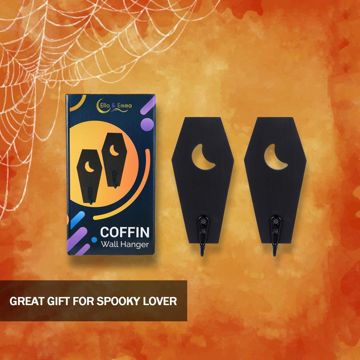 Ella & Emma Wall Mounted Coffin-Shaped Key Holder - Gothic Home Decor Wall Hanger with Hook - Gothic & Spooky Halloween Decor for Home - 2 Pieces (Coffin & Moon)