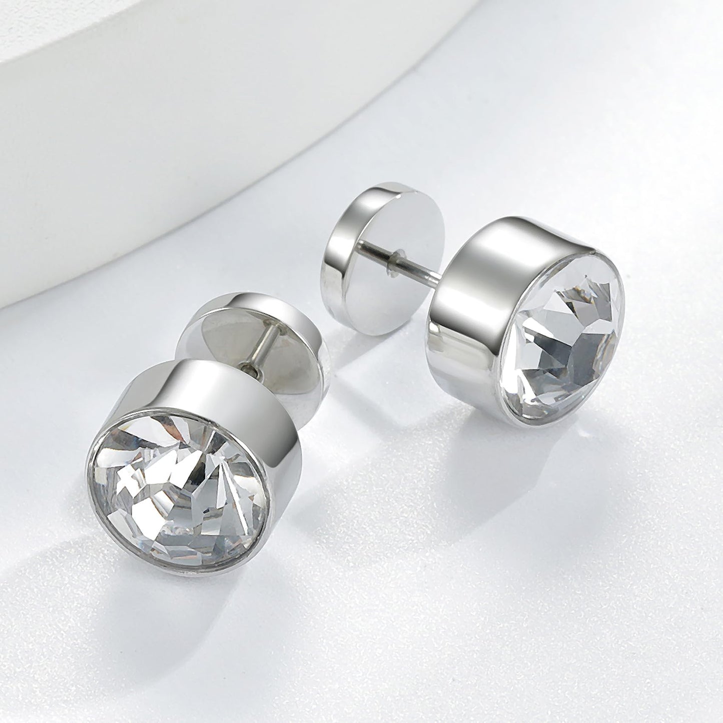 VOLUKA Titanium Earrings Screw Flat Back Earrings Studs Hypoallergenic for Sensitive Ears Cubic Zirconia Created Quartz Punk Dot Disc Barbell Stud Earrings-9mm CZ