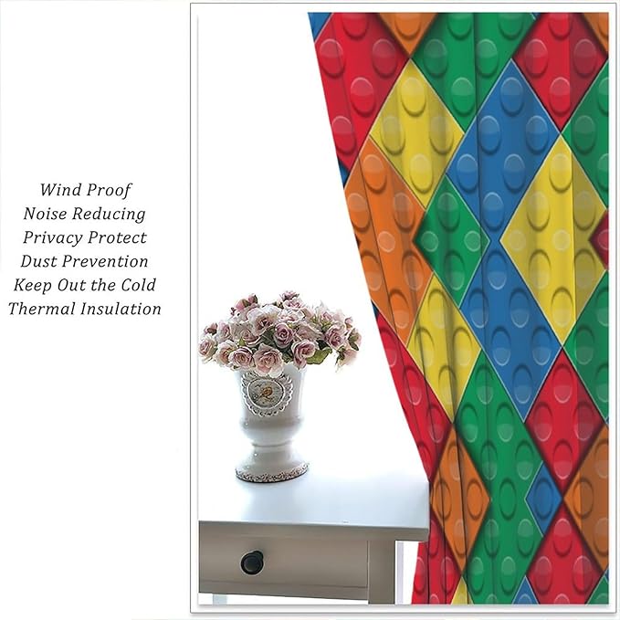 Kids Building Blocks Toy Curtains Boy Girl Room Printed Curtains Abstract Colorful Bricks Children's Nursery Curtains 42x45 Inches 2 Panels（Decor Curtains