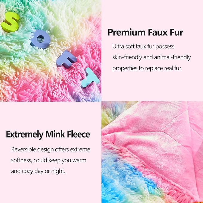 GONAAP Fuzzy Faux Fur Throw Blanket Queen Size Dark Rainbow Super Soft Cozy Plush Fuzzy Shaggy Blanket for Couch Sofa Bed (Dark Rainbow, Queen(90"x90"))