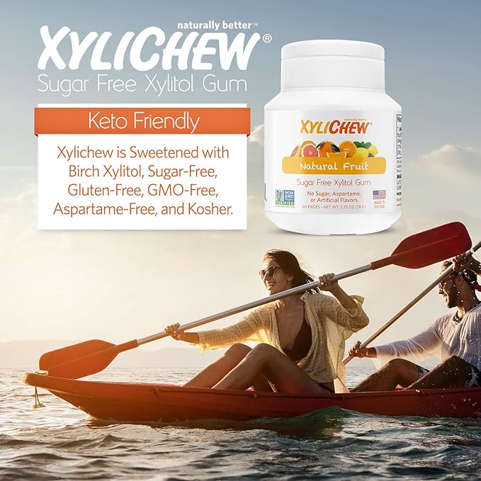 Xylichew 100% Xylitol Chewing Gum - Non GMO, Non Aspartame, Gluten Free, and Sugar Free Gum - Natural Oral Care, Relieves Bad Breath and Dry Mouth - Fruit,60 Count (Pack of 4), 240 Count