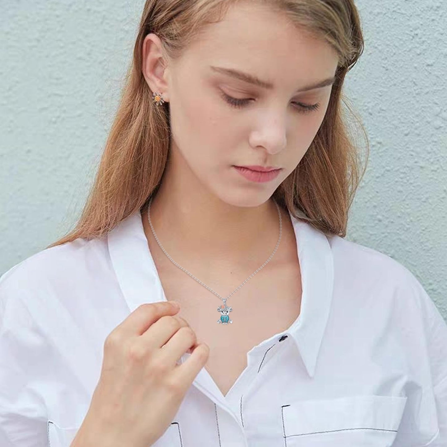 HKPATOP Highland Cow Necklace 925 Sterling Silver Turquoise Cow Necklace Cute Highland Cow Jewelry for Women