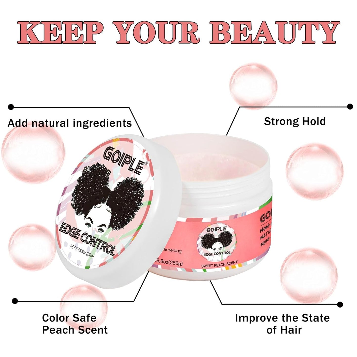 8.8oz Edge Control Wax for Women Strong Hold Non-greasy Edge Control Smoother Edge Wax Styling Gel Edge Control for Black Hair No Flaking, White Residue, Shine and Smooth (Sweet Peach)