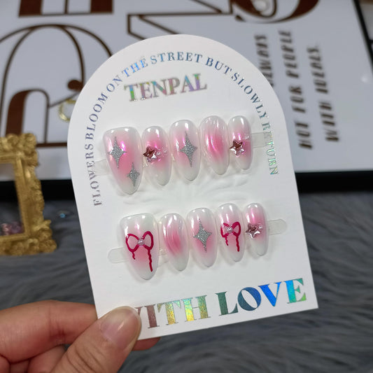 TENPAL Handmade Press On Nails Almond,Aurora Pink Acrylic Glossy Y2k Sweet Cool Soft Gel Fake Nails,Reusable Glue On Nails With Star Bow Stars Designs,10pcs/Box Manicure Art With Charms(M)