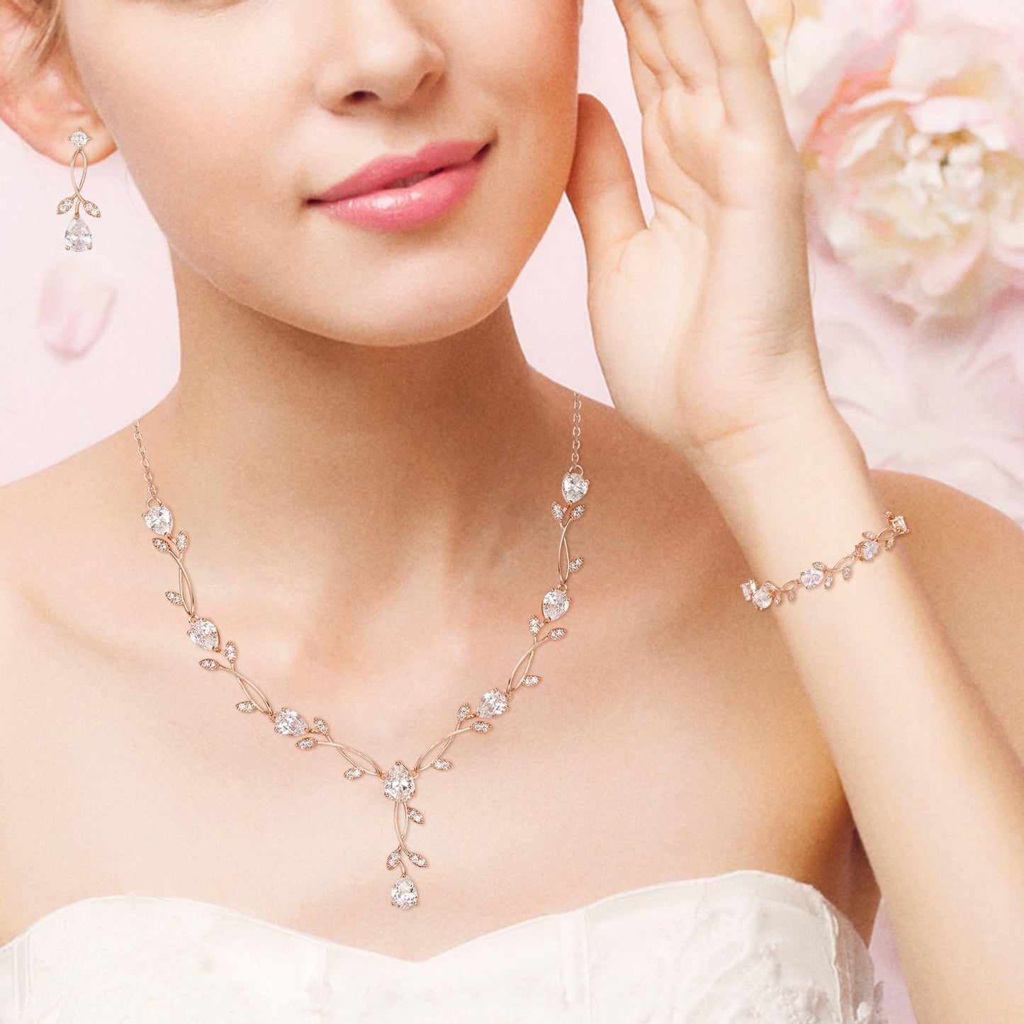 EVER FAITH Wedding Jewelry Set for Bride Bridesmaid, Rose Gold-Plated-Brass White Teardrop Cubic Zirconia Leaf Vine Bridal Prom Necklace Dangle Earrings Bracelet Sets for Women