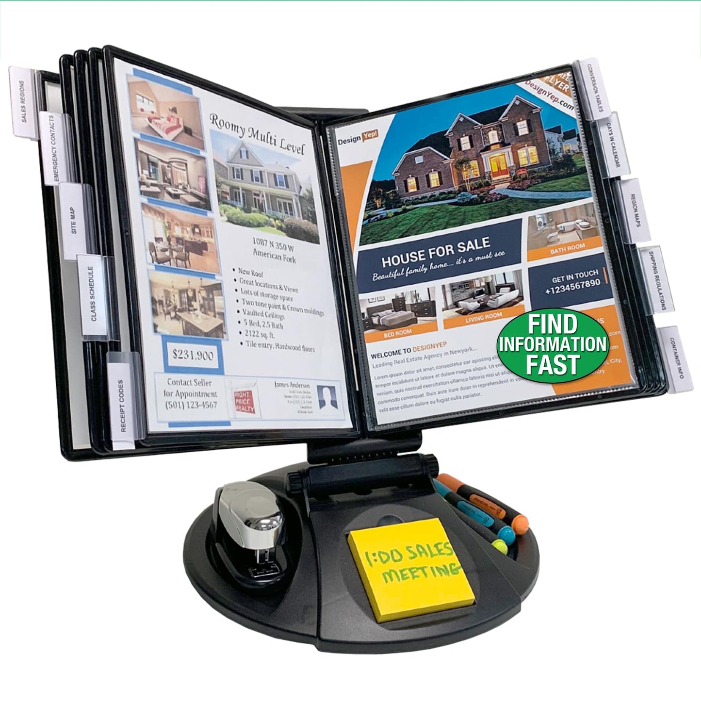 Ultimate Office AdjustaView 10-Pocket Desk Reference Organizer with Supplies Storage Base and EZ-Load Pockets to Hold 20 Sheets of Paper, Includes Fast Find Indexing Tabs, Black Pockets