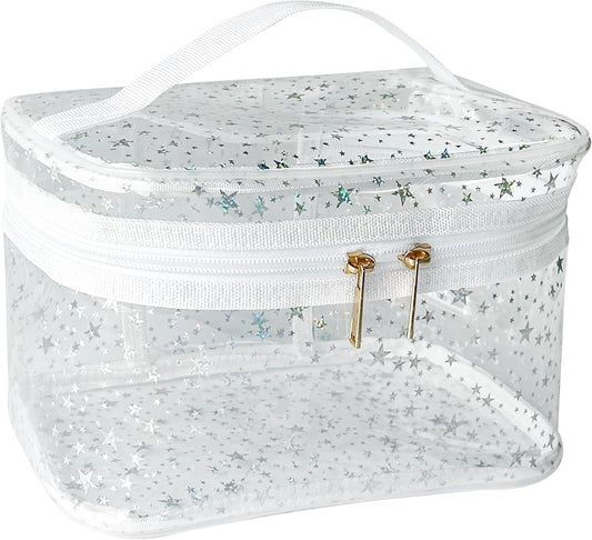 Holographic Makeup Bags Bulk,Clear Storage Bag Toiletry Pocket Portable Zippered Iridescent Pouch Waterproof Cosmetic Gift Bags for Women (White-L)