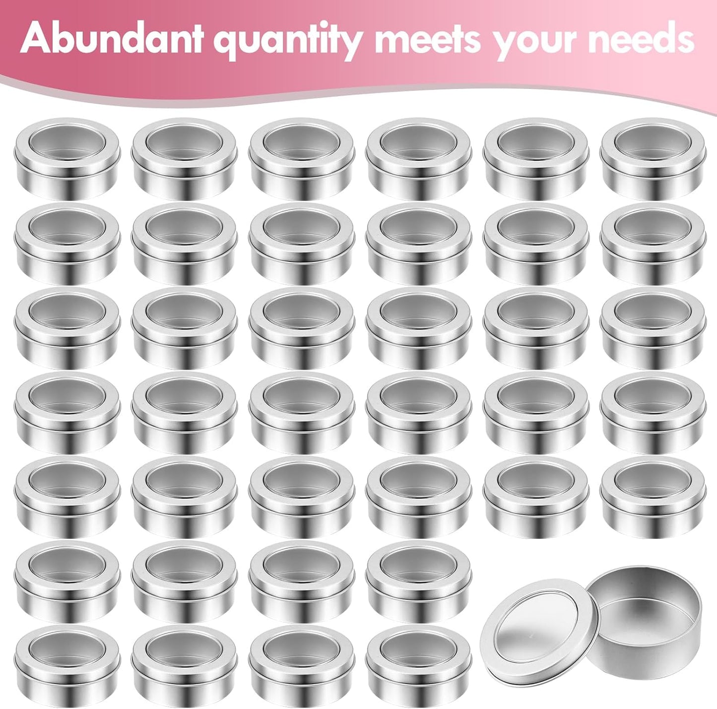 TecUnite 48 Pack 2 Ounce Metal Tin Cans Round Empty Container Salve Tins with Clear Lid for Kitchen, Office, Candles, Candies