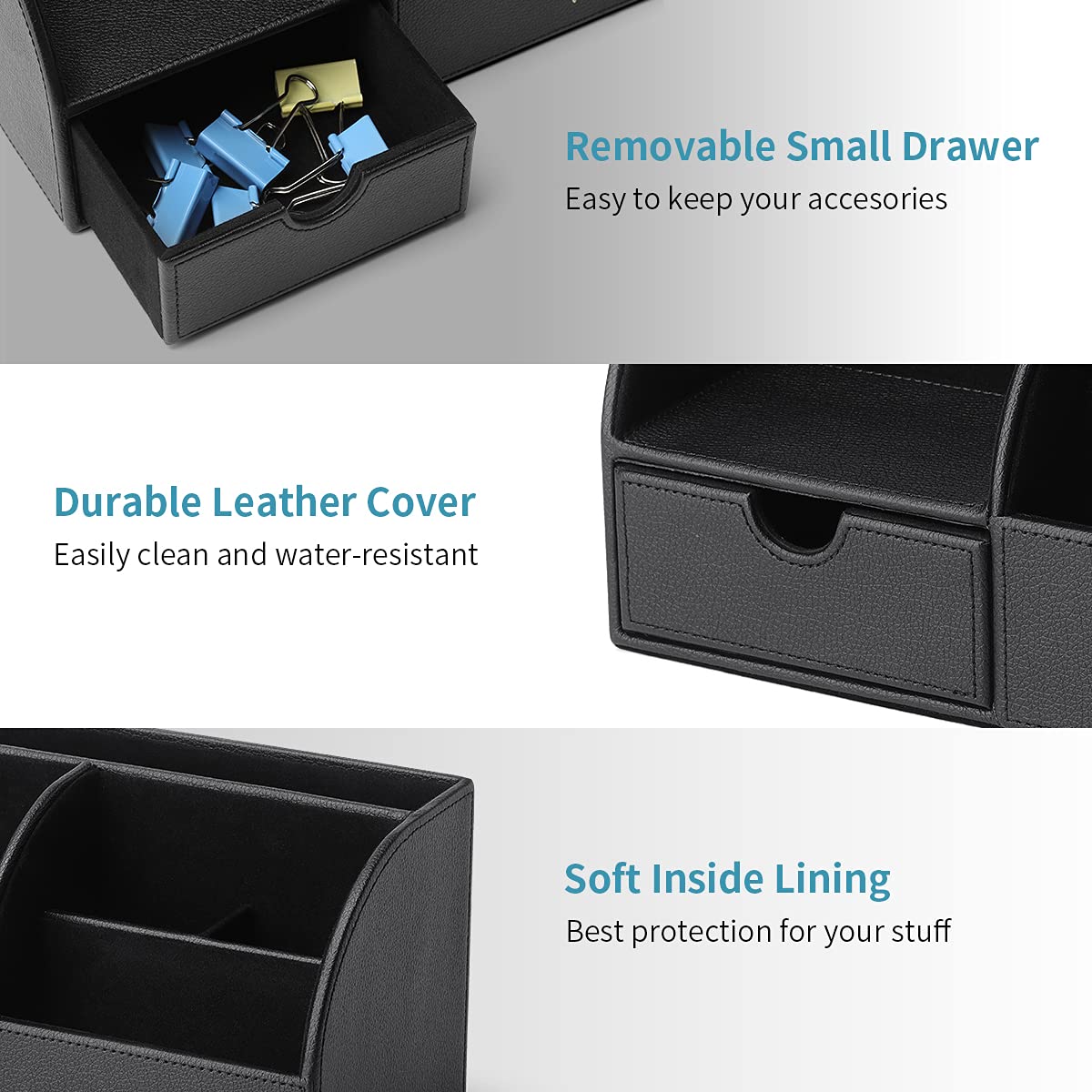 Vlando Office Desk Organizer Leather Desktop Organizer Caddy with Drawer for Storing Desktop Supplies and Accessories (Black)