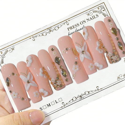 10 Pcs Extra Long Handmade Press on Nails Square Fake Nails with 3D Flowers Rhinestones Charms Curve Design Pink Acrylic False Nails Long Press Ons Nails for Women Wedding Party Manicure - M Size